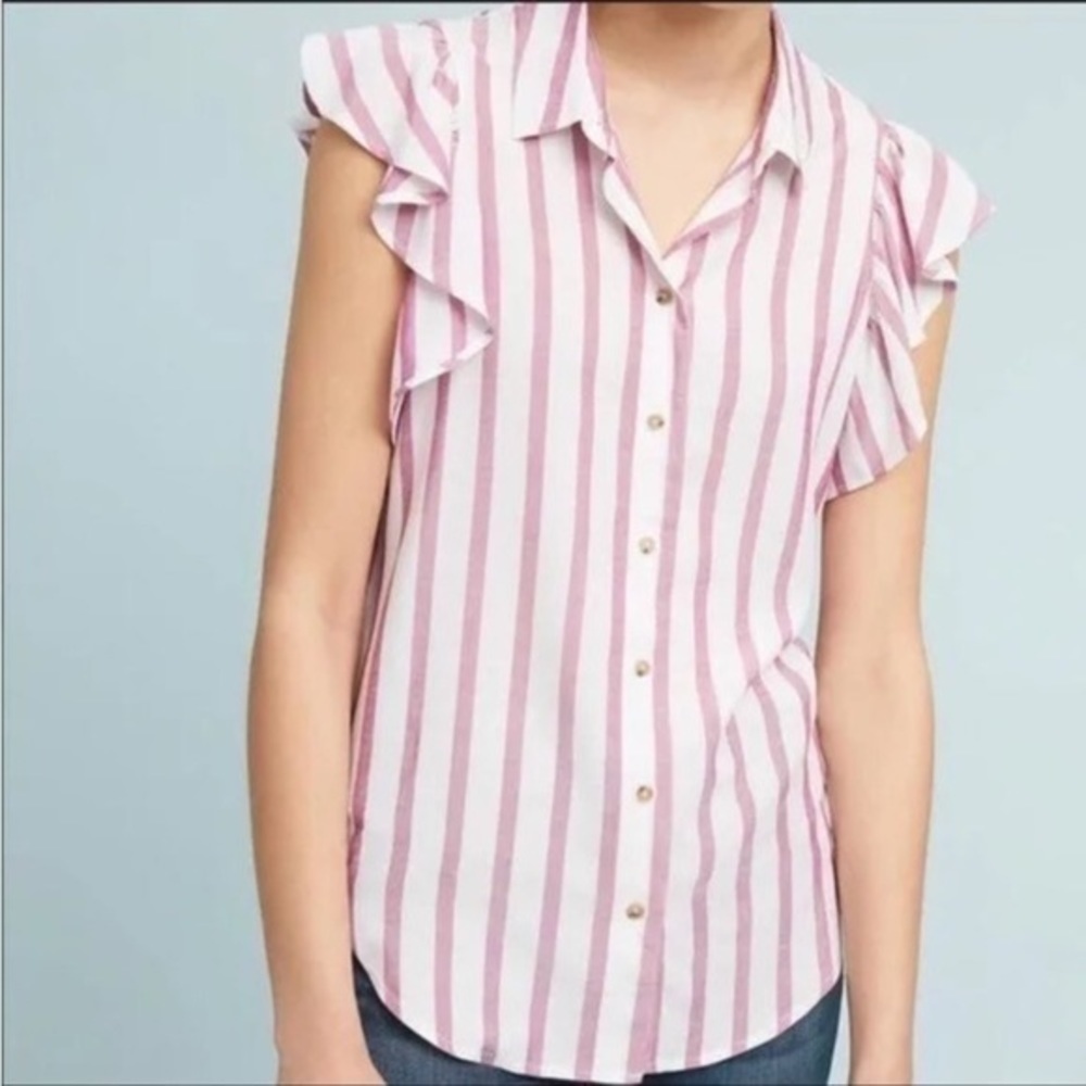 Anthropologie Maeve Fairhope Striped Button Down Flutter Blouse in Pink - Picture 3 of 14